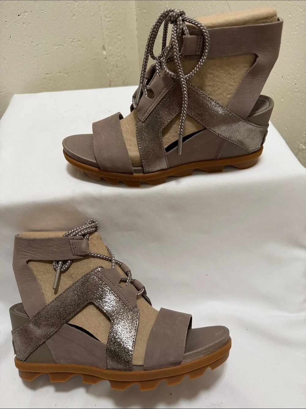 Women's Taupe Suede and Metallic Lace-Up Open-Toe Sandals